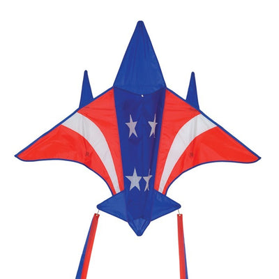 Patriot Jet Kite soaring in the sky with a red, white, and blue stars and stripes design, ready for family fun and outdoor activities.