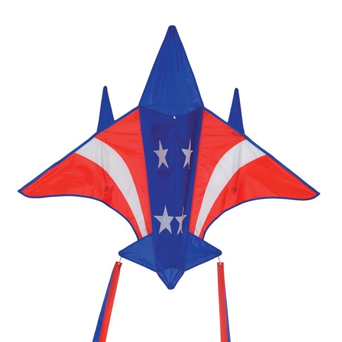 Patriot Jet Kite soaring in the sky with a red, white, and blue stars and stripes design, ready for family fun and outdoor activities.
