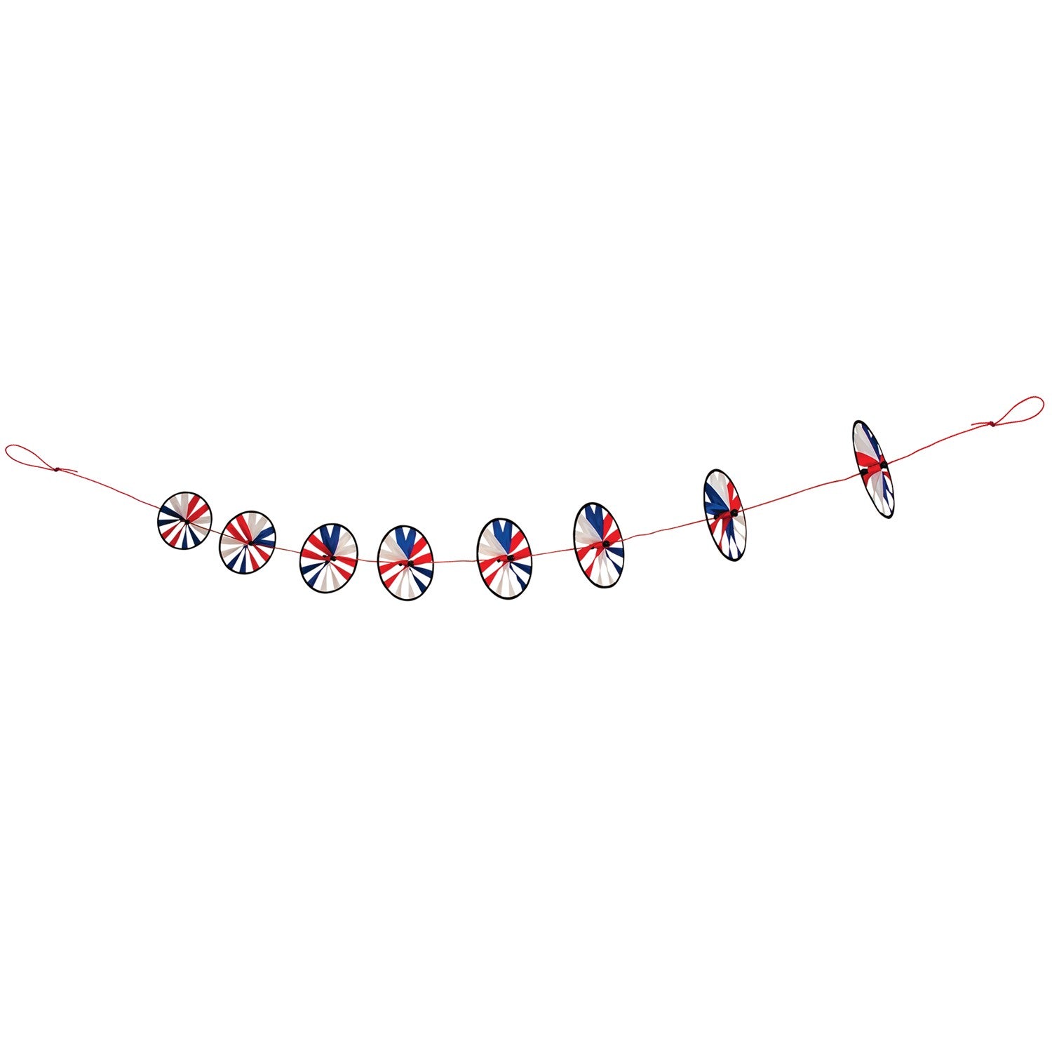 Patriot Spinner Wheels on String with red, white, and blue spinning wheels, hanging decor fluttering in the breeze in a garden setting.