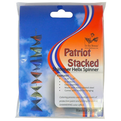 The Patriot Stacked Shimmer Helix Spinner showcases a stunning design in red, white, and blue, perfect for adding a festive touch to outdoor settings.