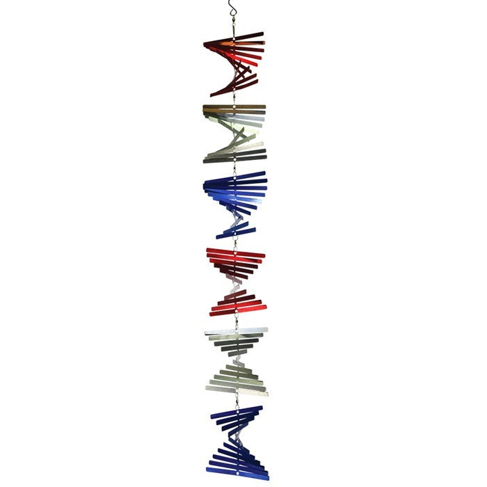 The Patriot Stacked Shimmer Helix Spinner showcases a stunning design in red, white, and blue, perfect for adding a festive touch to outdoor settings.
