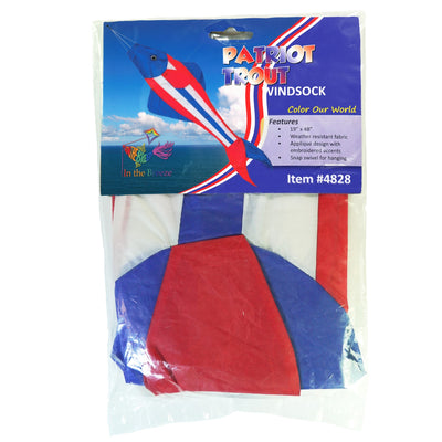 Patriot Trout 48" Fishsock in vibrant red, white, and blue swaying in the breeze from a hanging point in a garden setting.