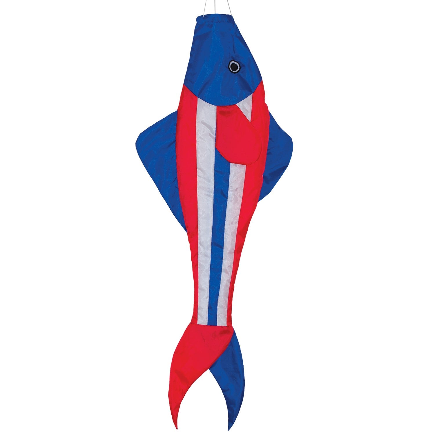 Patriot Trout 48" Fishsock in vibrant red, white, and blue swaying in the breeze from a hanging point in a garden setting.