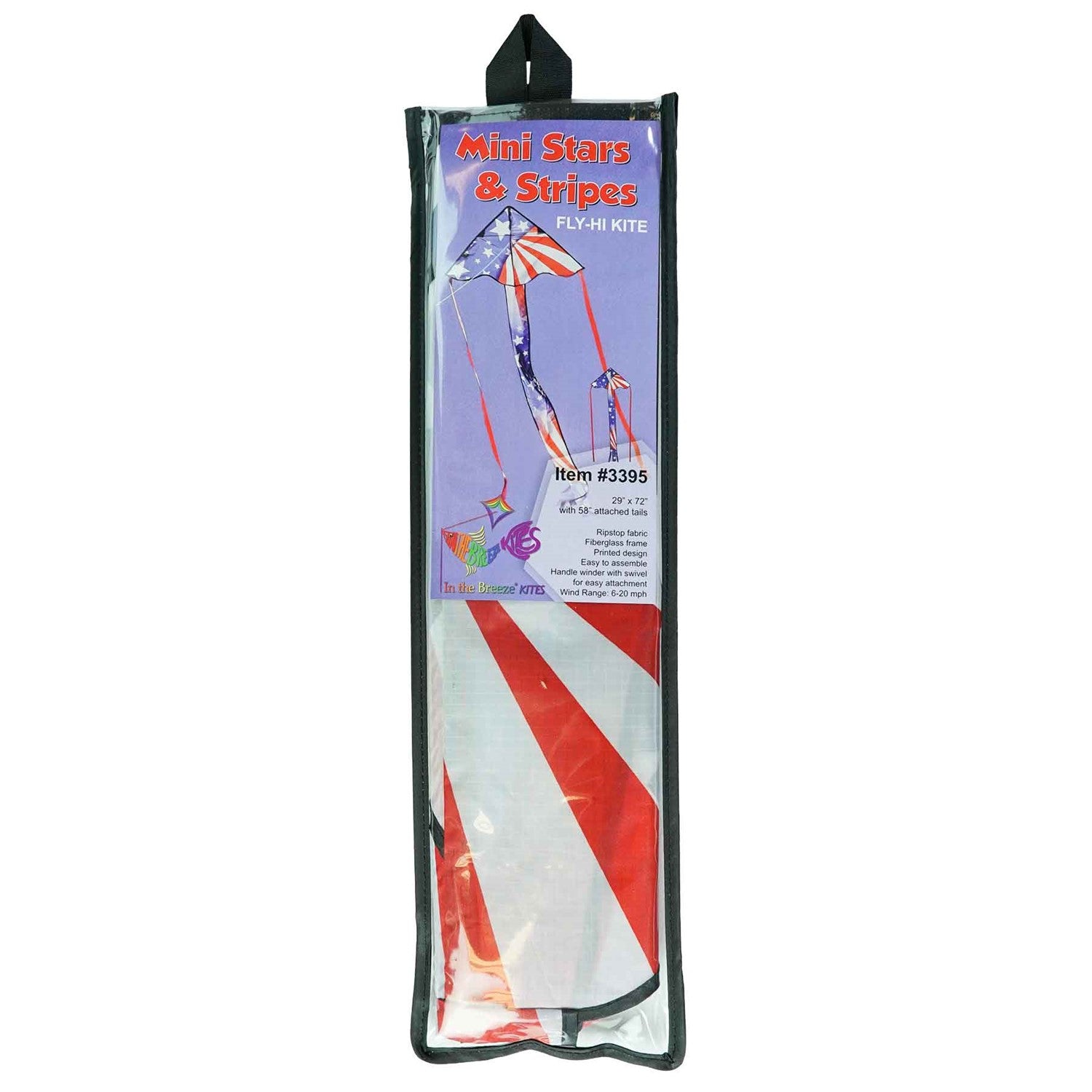 Patriotic 30-inch Mini Fly-Hi kite displaying bright stars and stripes design flying in the sky with attached 60-inch streamer tails.