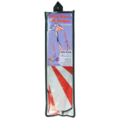 Patriotic 30-inch Mini Fly-Hi kite displaying bright stars and stripes design flying in the sky with attached 60-inch streamer tails.