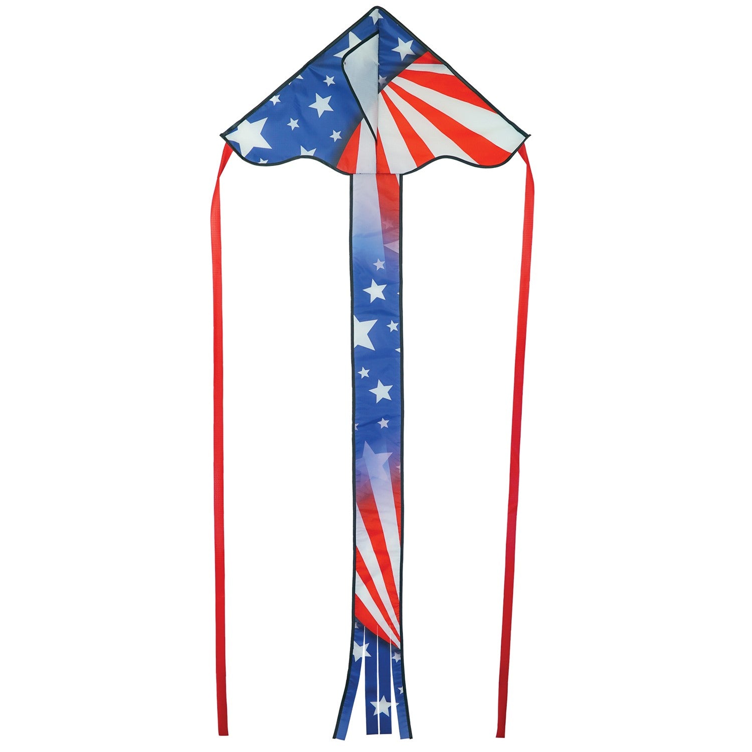 Patriotic 30-inch Mini Fly-Hi kite displaying bright stars and stripes design flying in the sky with attached 60-inch streamer tails.