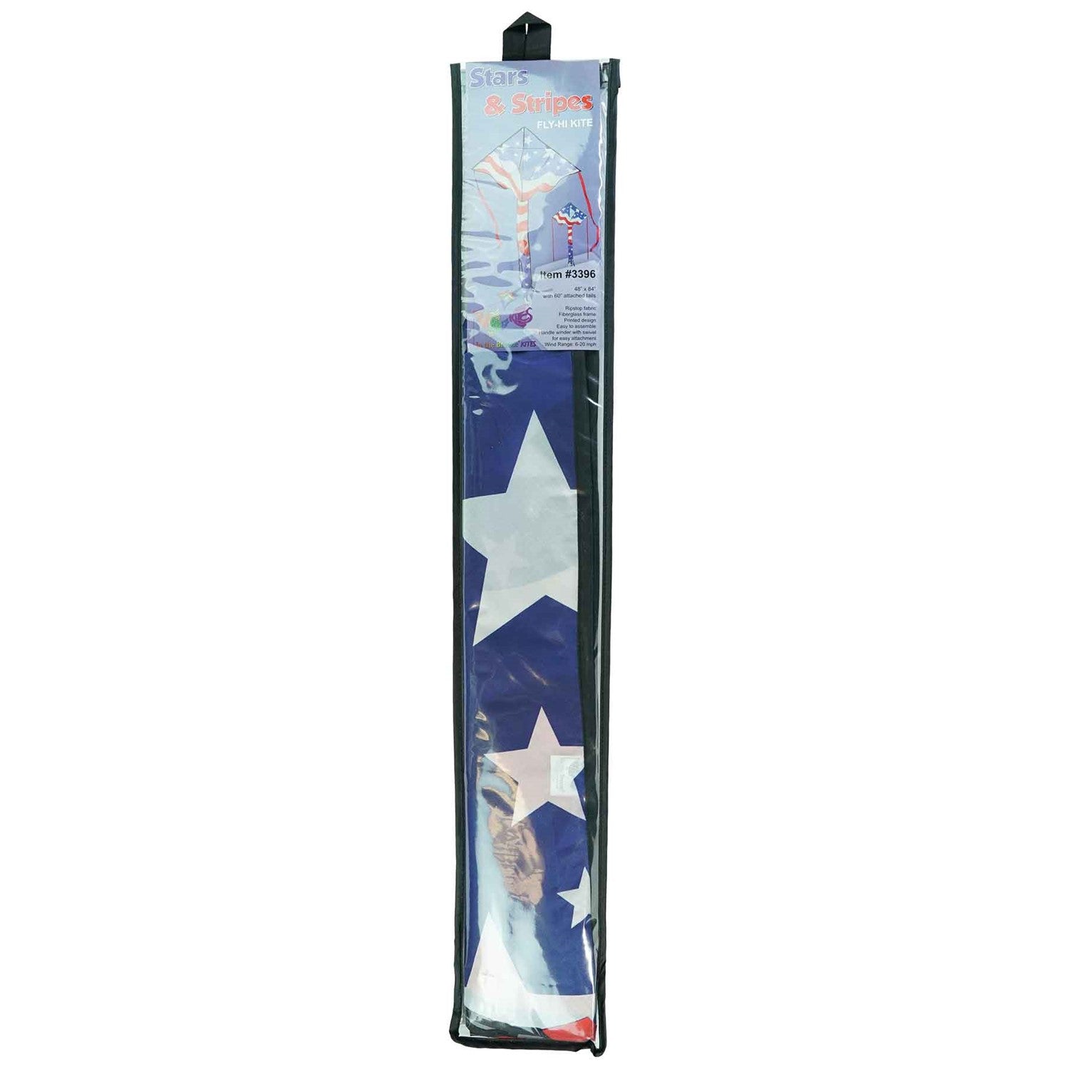 Patriotic 46" Fly-Hi Kite soaring in the sky with vibrant stars and stripes design, flying in a clear blue background during a sunny day.