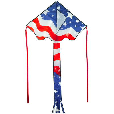 Patriotic 46" Fly-Hi Kite soaring in the sky with vibrant stars and stripes design, flying in a clear blue background during a sunny day.