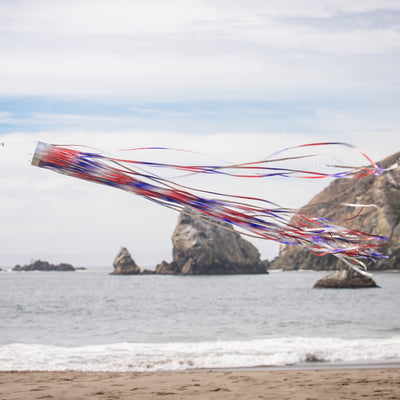 Patriotic 51 inch Mylar windsock in red, white, and blue, shimmering in sunlight while fluttering in the breeze, perfect for festive outdoor decoration.