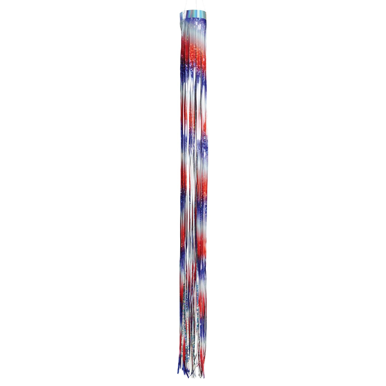 Patriotic 51 inch Mylar windsock in red, white, and blue, shimmering in sunlight while fluttering in the breeze, perfect for festive outdoor decoration.