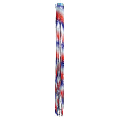 Patriotic 51 inch Mylar windsock in red, white, and blue, shimmering in sunlight while fluttering in the breeze, perfect for festive outdoor decoration.