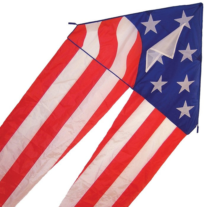 Patriotic 56" Delta kite featuring red, white, and blue stars and stripes with long tails, soaring in bright blue sky against a backdrop of fluffy clouds.