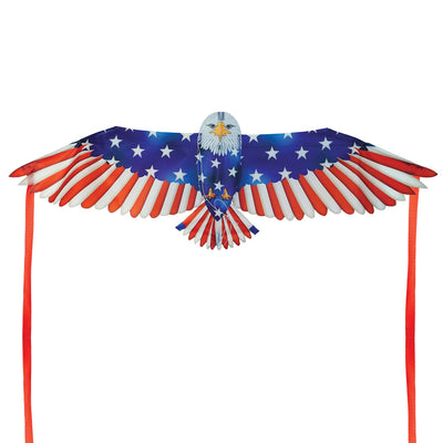 40-inch Patriotic Bald Eagle Bitty Bird Kite with a realistic eagle head and American flag body, displayed flying against a clear blue sky.