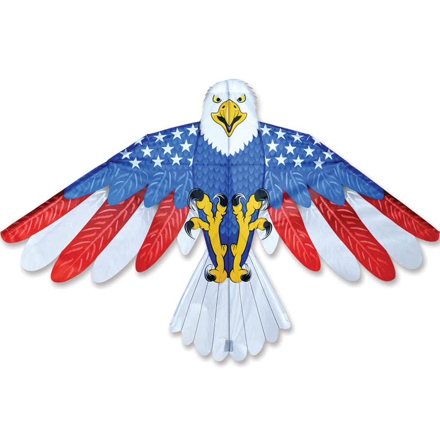 70 inch Patriotic Eagle kite with red, white, and blue design, ripstop polyester sail, fiberglass frame, and 300 ft. line with vinyl storage case.
