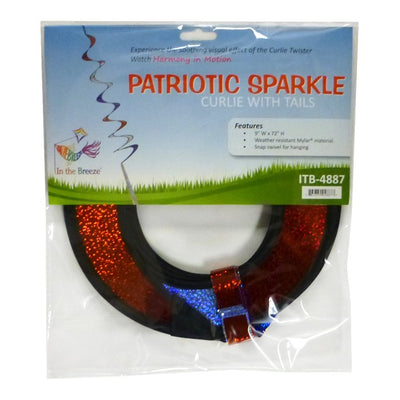 Patriotic Sparkle Curlie in red, white, and blue waving in the breeze, showcasing its 48-inch dazzling Mylar design with tails.