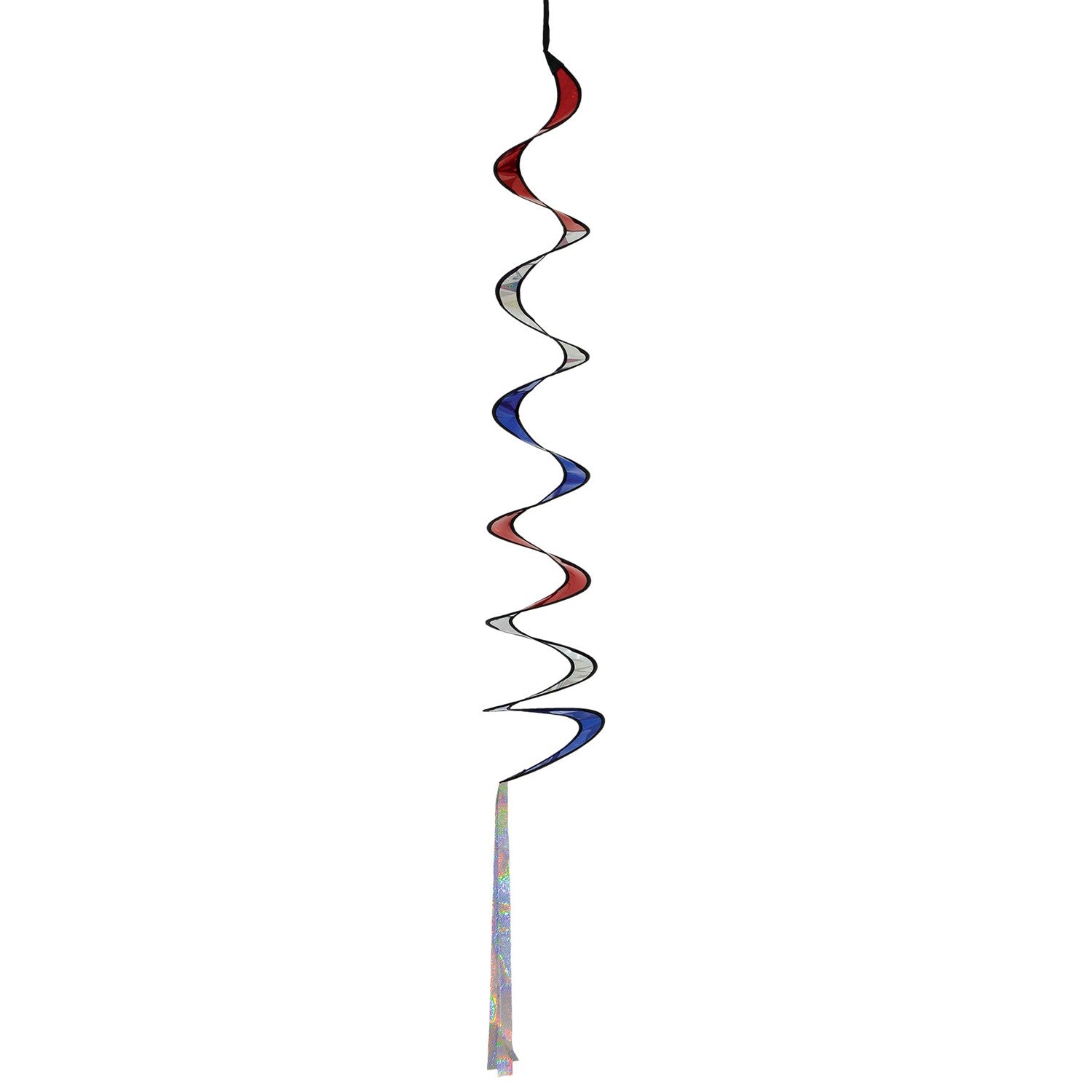 Patriotic Sparkle Curlie in red, white, and blue waving in the breeze, showcasing its 48-inch dazzling Mylar design with tails.