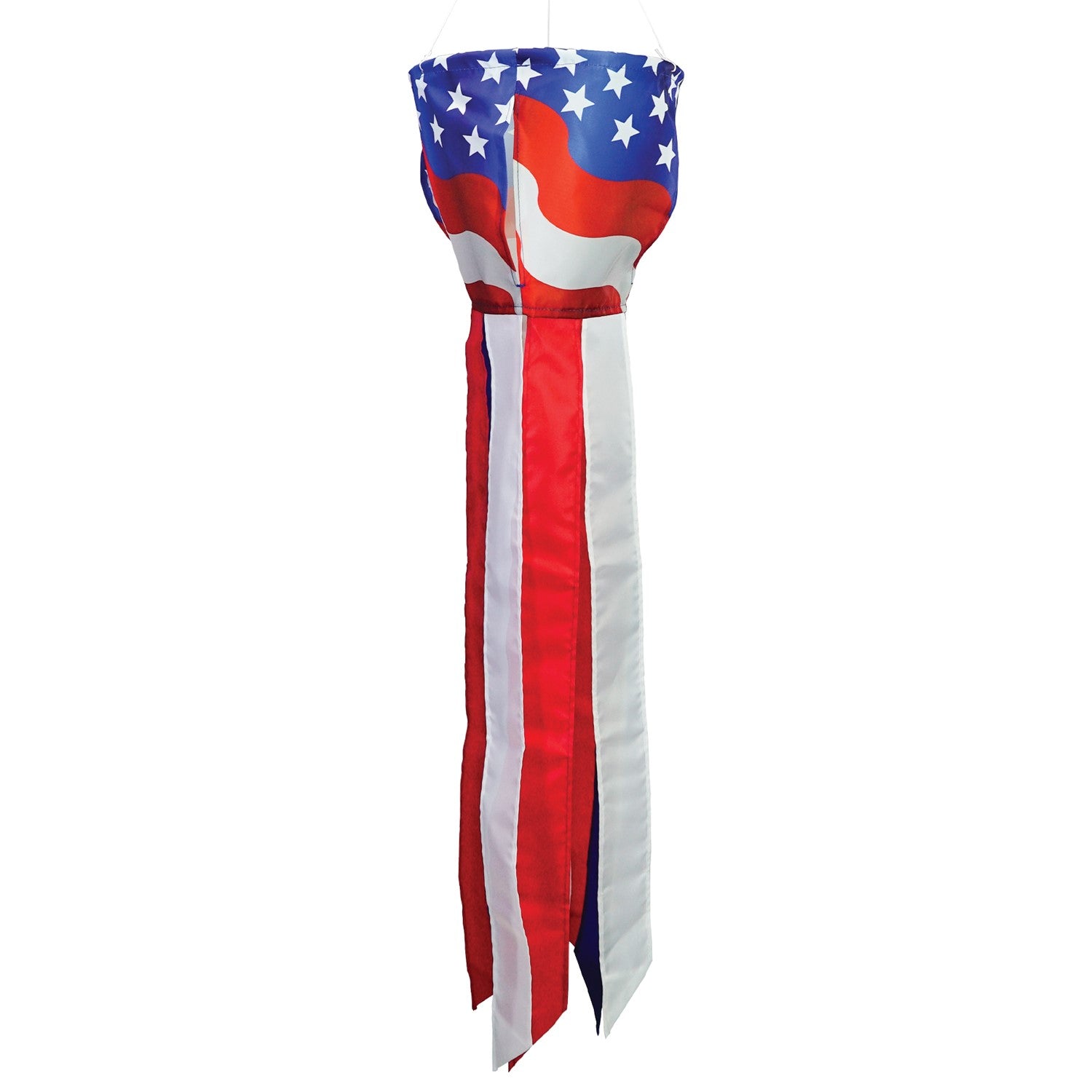 Patriotic Spinning Windsock featuring red, white, and blue stars and stripes design spinning in the outdoor breeze, adding vibrancy to the yard.