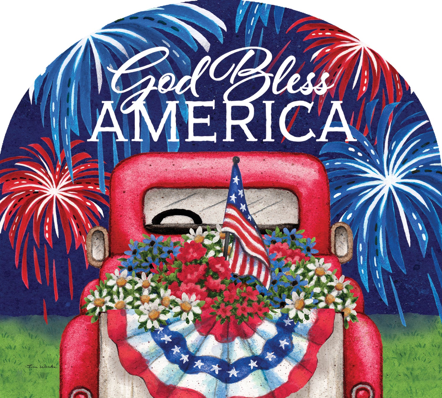 Patriotic Truck-Arbor Mate panel displayed in a garden, highlighting its vibrant design and durable PVC construction.