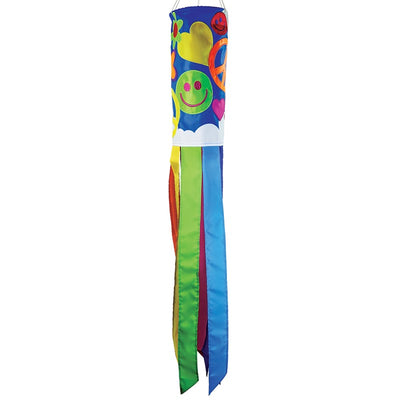 Peace, Love & Happiness 40" Inspiration Windsock displayed on a white background, featuring vibrant colors and an uplifting design, perfect for inspiring positivity in outdoor spaces.