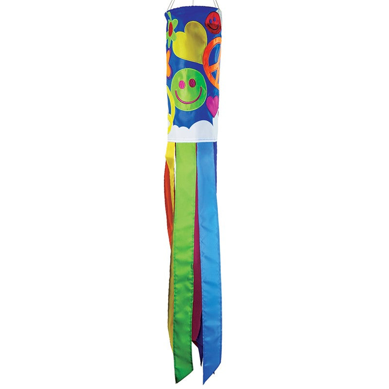 Peace, Love & Happiness 40" Inspiration Windsock displayed on a white background, featuring vibrant colors and an uplifting design, perfect for inspiring positivity in outdoor spaces.