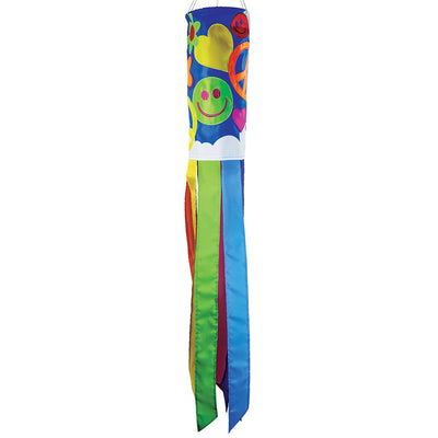 Peace, Love & Happiness 40-inch windsock with psychedelic designs and colorful tails, fluttering in the breeze outdoors.