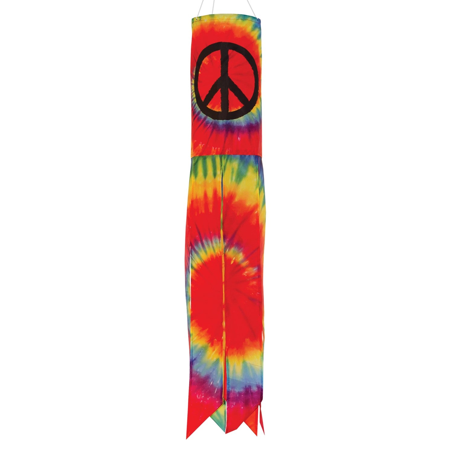 Vibrant Peace Sign 30" windsock displaying colorful tie-dye design with six tails, fluttering in the breeze in an outdoor setting.