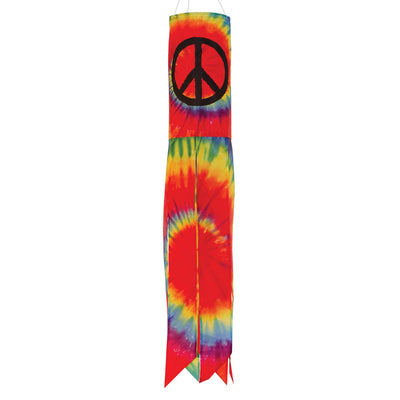 Vibrant Peace Sign 30" windsock displaying colorful tie-dye design with six tails, fluttering in the breeze in an outdoor setting.