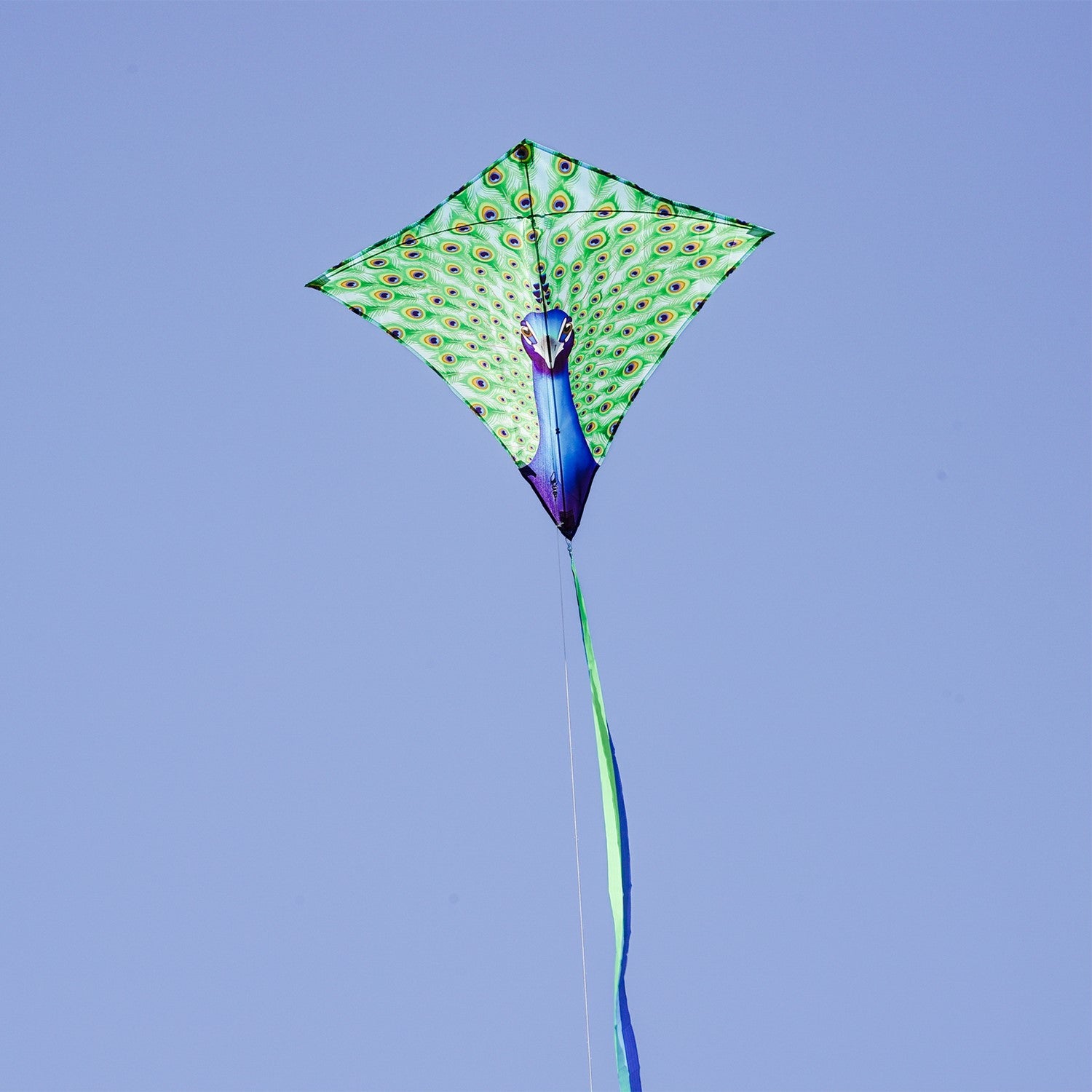 Colorful Peacock 30-inch Diamond Kite flying in the blue sky with vibrant feather design and tails trailing behind, perfect for kids and families.