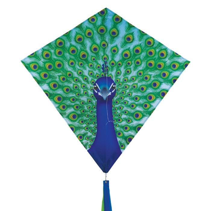 Colorful Peacock 30-inch Diamond Kite flying in the blue sky with vibrant feather design and tails trailing behind, perfect for kids and families.