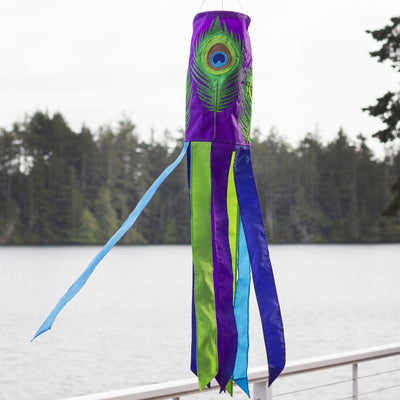 Peacock Feather 40-inch windsock showcasing vibrant appliqued design and dancing tails fluttering in the breeze, enhancing outdoor decor.