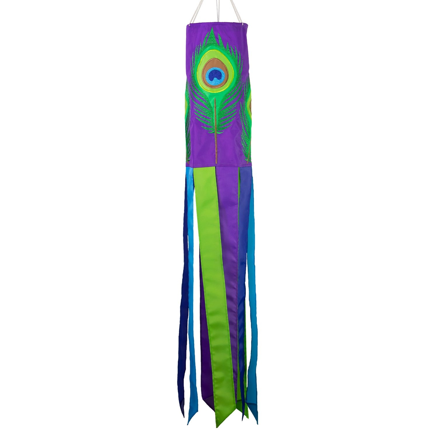 Peacock Feather 40-inch windsock showcasing vibrant appliqued design and dancing tails fluttering in the breeze, enhancing outdoor decor.