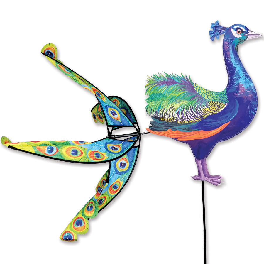 Peacock Spinner featuring vibrant feather designs, designed for decorative outdoor display with motion and elegance that enhances gardens and patios.