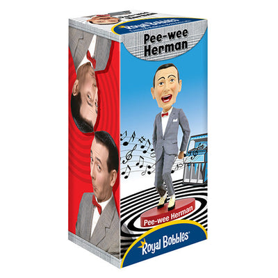 Pee-Wee Herman Bobblehead, standing 7 inches tall in a gray suit and red bowtie, featuring a playful expression, displayed on a decorative shelf.