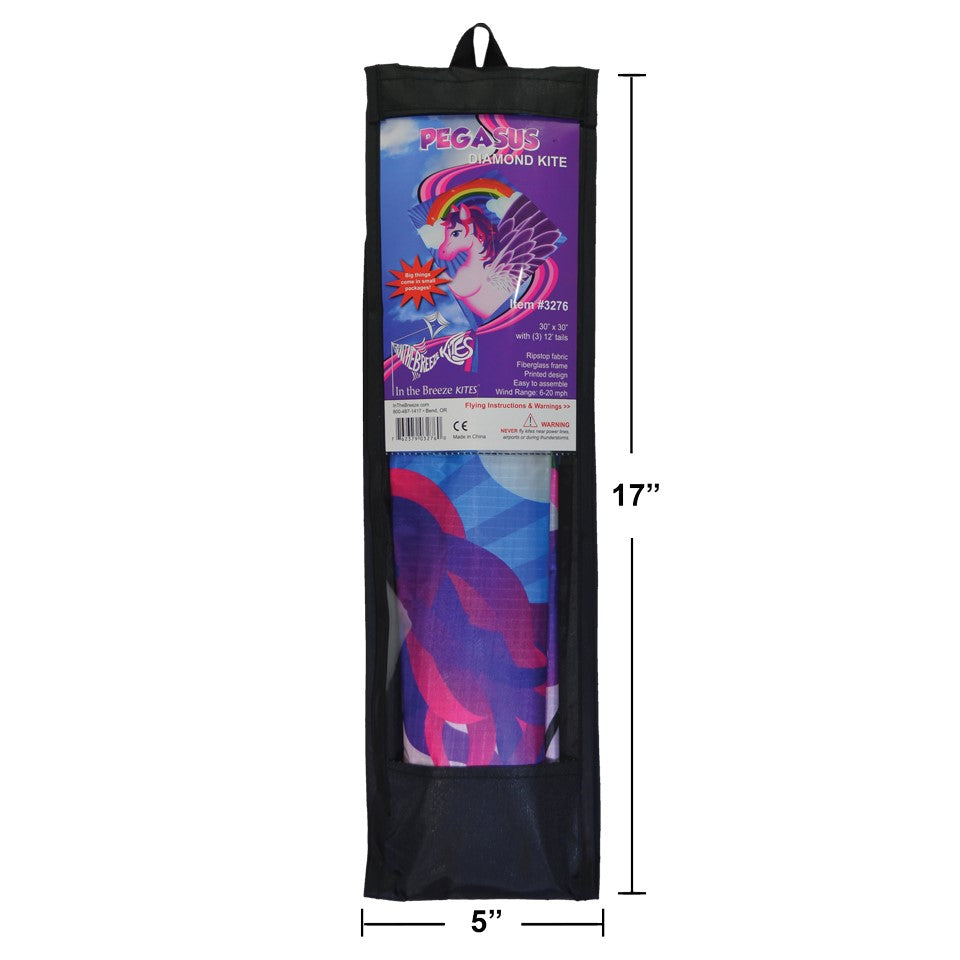 Pegasus 30" Diamond Kite displayed soaring in a clear sky, showcasing colorful designs and attached tails, ideal for outdoor enjoyment.