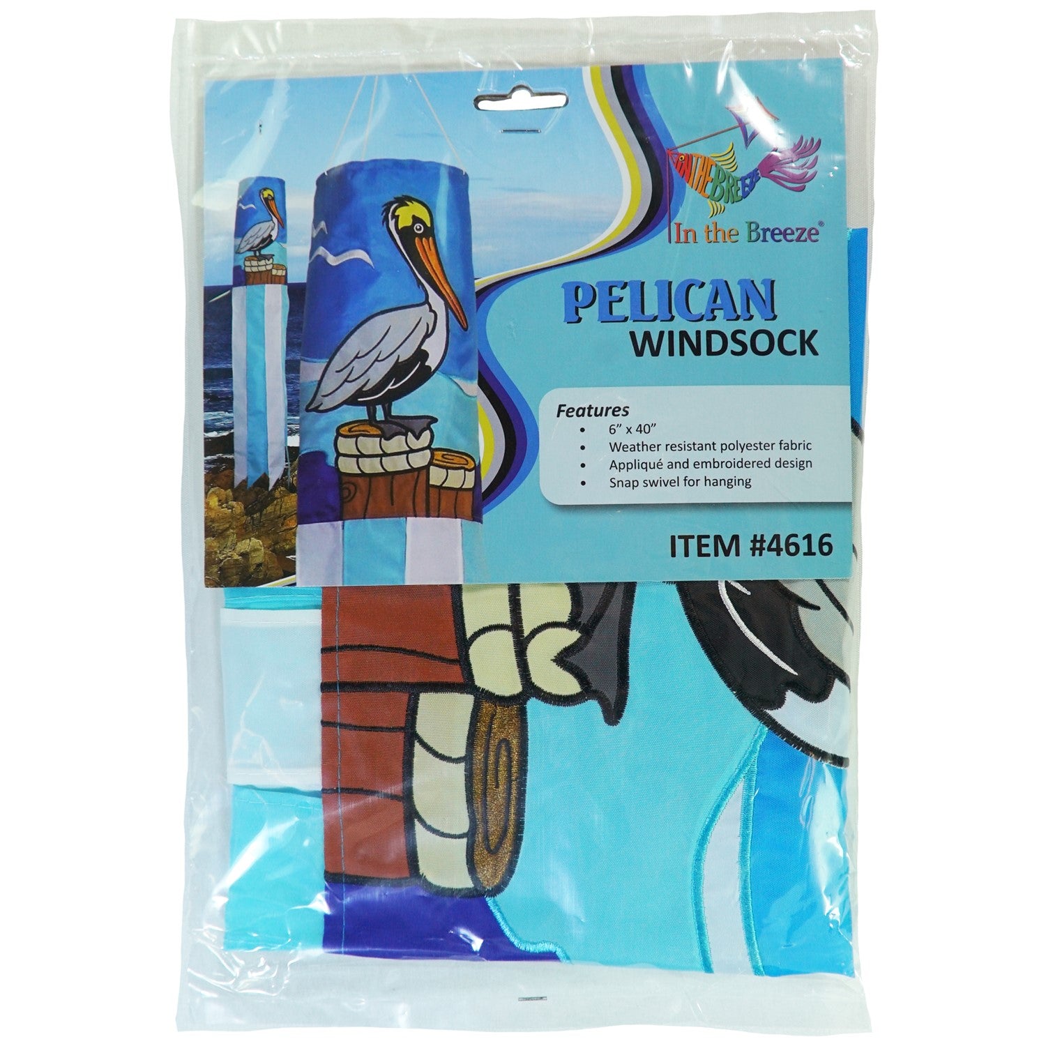 Pelican 40" Windsock showcasing a colorful pelican design with fluttering tails, displayed outdoors against a sunny backdrop.