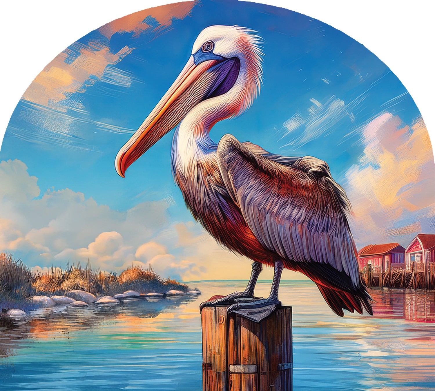 Pelican on Post-Arbor Mate panel featuring a pelican perched on a post, showcasing a vibrant coastal wildlife design suitable for outdoor decoration.