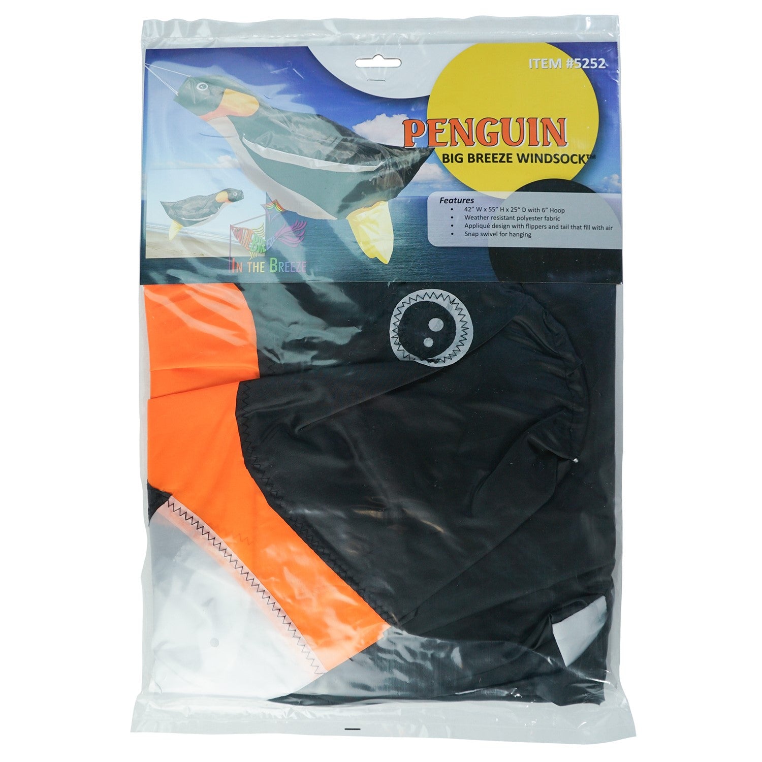 Penguin Big Breeze WindsockTM displayed outdoors showcasing its vibrant colors and 3D body, filled with air as it sways in the breeze.
