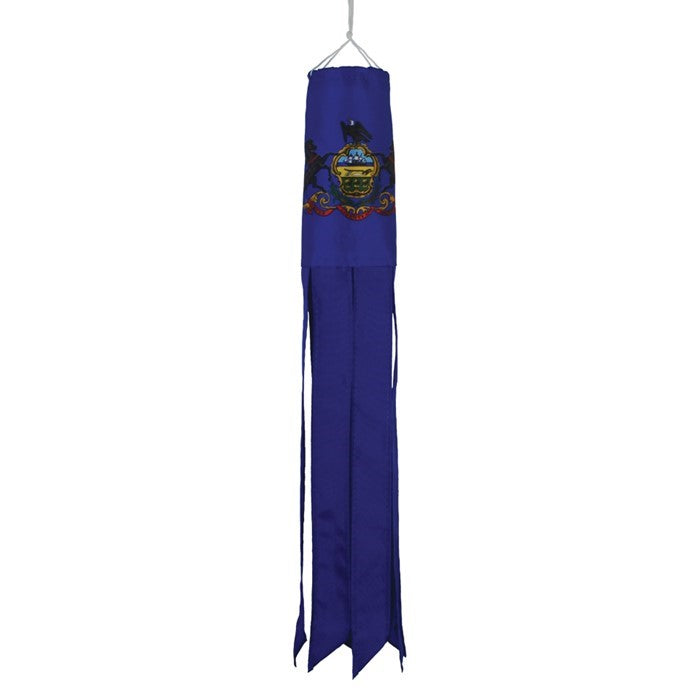 Pennsylvania 18" windsock featuring vibrant colors, premium weather-resistant fabric, and fluttering tails on display in a garden setting.