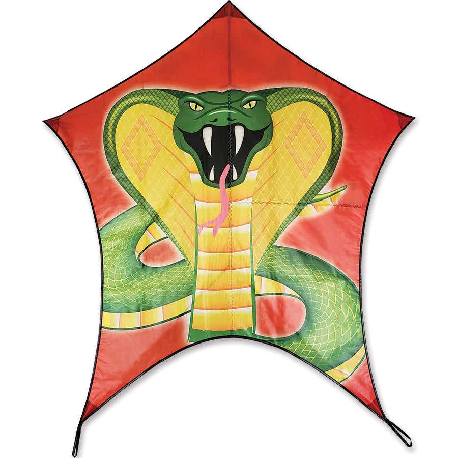 Penta Kite - Cobra flying in a blue sky, showcasing its vibrant colors and humorous snake design, 40 x 42 inches in size.