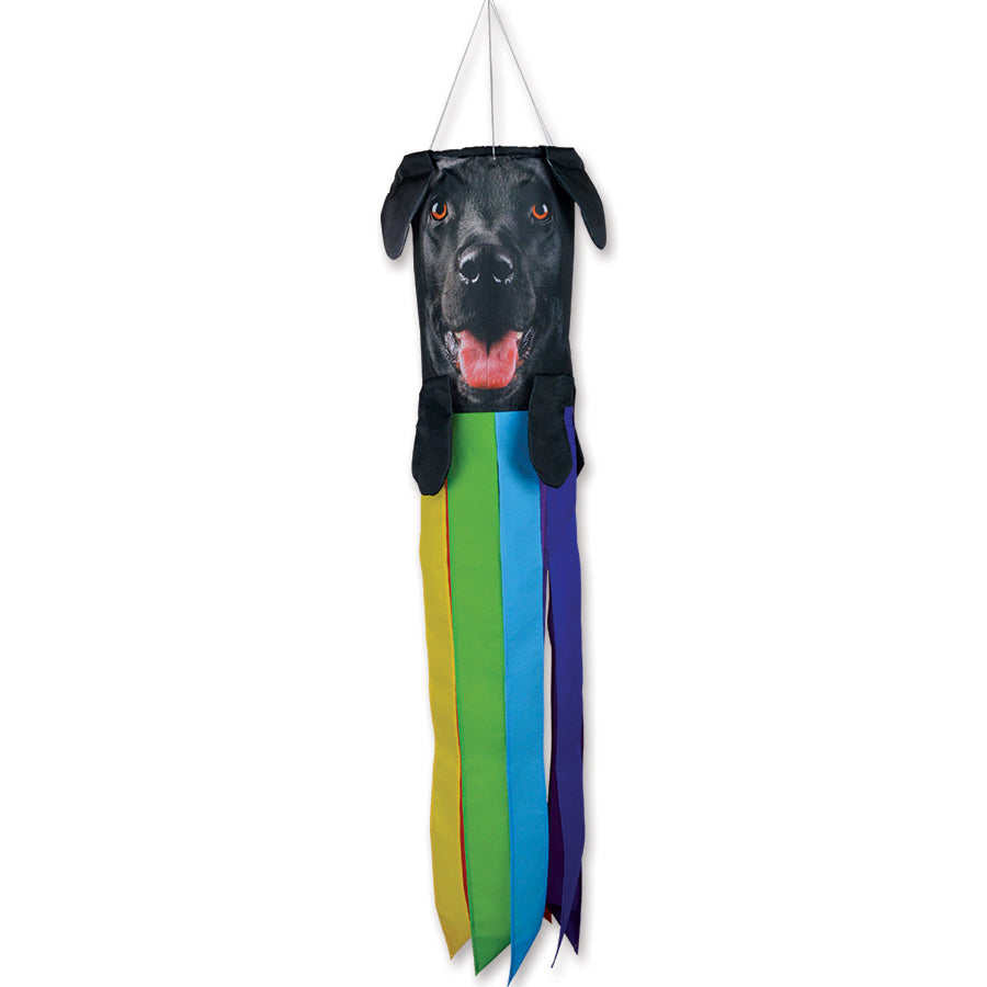 Black Labrador Retriever Pet Windsock with floppy ears, paws, and tail, gracefully hanging in a garden setting, showcasing its charming face.