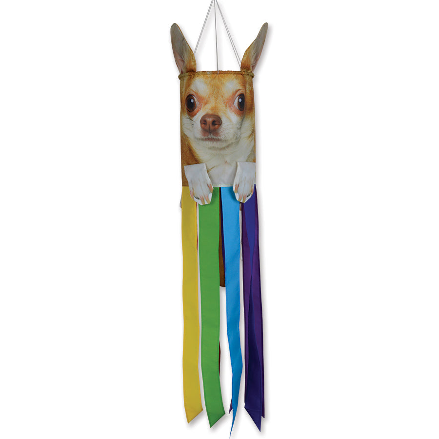 Charming Pet Windsock - Chihuahua character featuring distinct ears and a smiling face, showcasing its whimsical design in an outdoor setting.