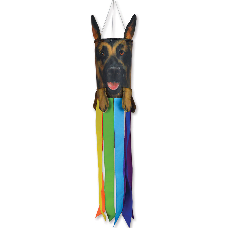 Colorful Pet Windsock in the shape of a German Shepherd displayed outdoors, showcasing its playful ears, paws, and tail.