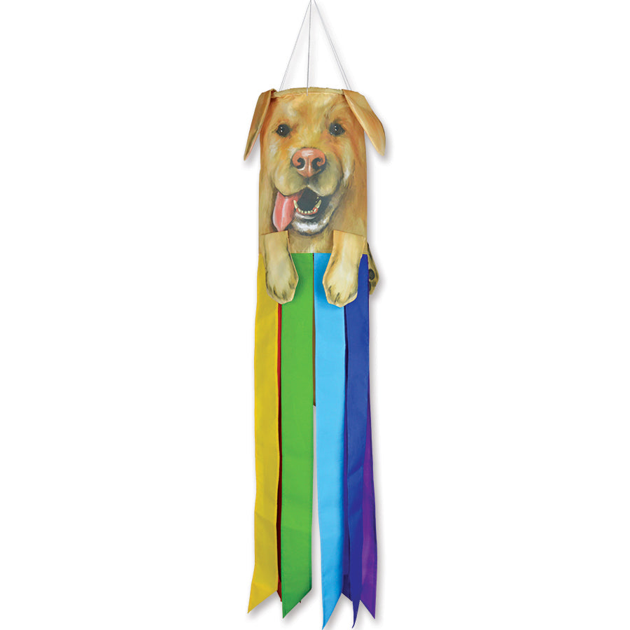 Pet Windsock of a Yellow Labrador Retriever, featuring charming ears and paws, hanging gracefully in a garden setting.