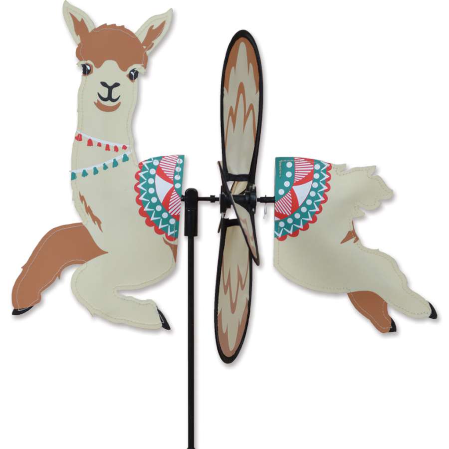Petite Spinner - Alpaca features vibrant colors and a charming alpaca design spinning in a garden, showcasing its playful movement and decorative appeal.