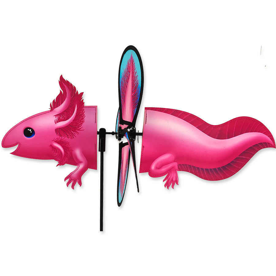 Petite Spinner featuring an adorable axolotl design spinning in the wind, bringing vibrancy and joy to a garden setting.