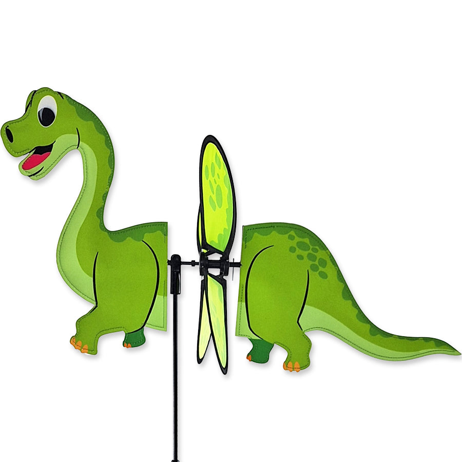 Petite Spinner - Brontosaurus garden decoration displaying colorful brontosaurus design in motion, set against a vibrant garden backdrop.