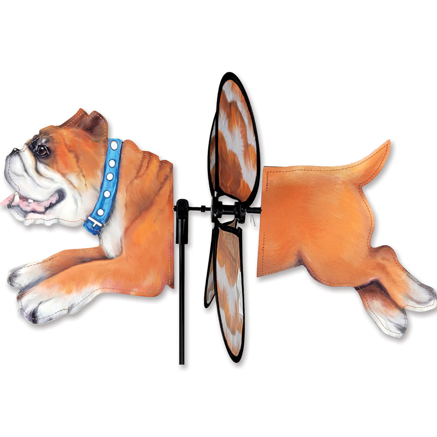 Petite Spinner - Bulldog garden decoration spinning in the wind, showcasing a cheerful bulldog design against a green garden backdrop.