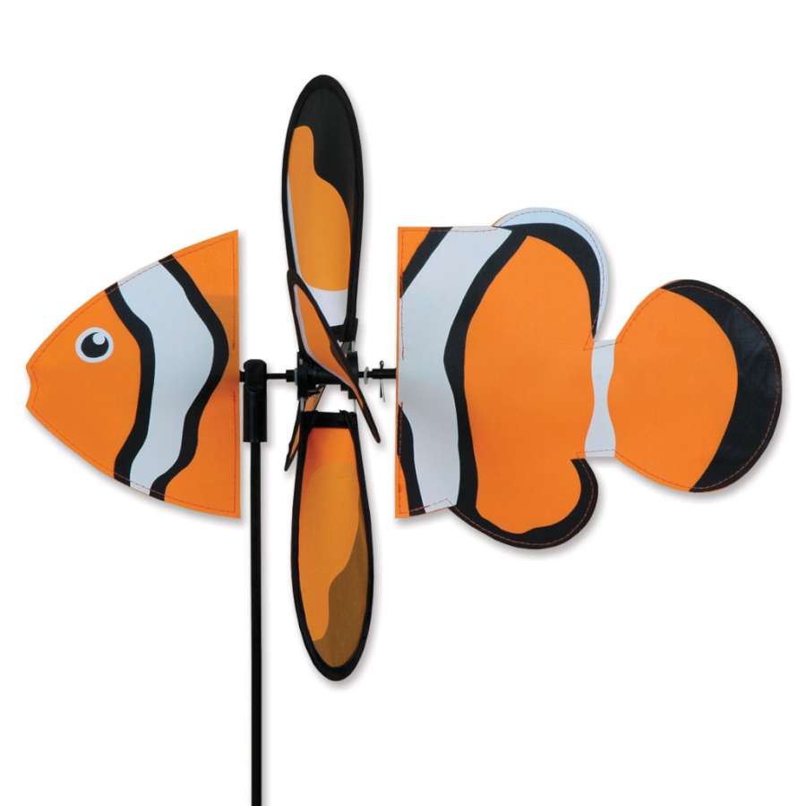 Petite Spinner - Clownfish garden spinner in bright colors gently spinning in the breeze, showcasing its whimsical design and lightweight construction.