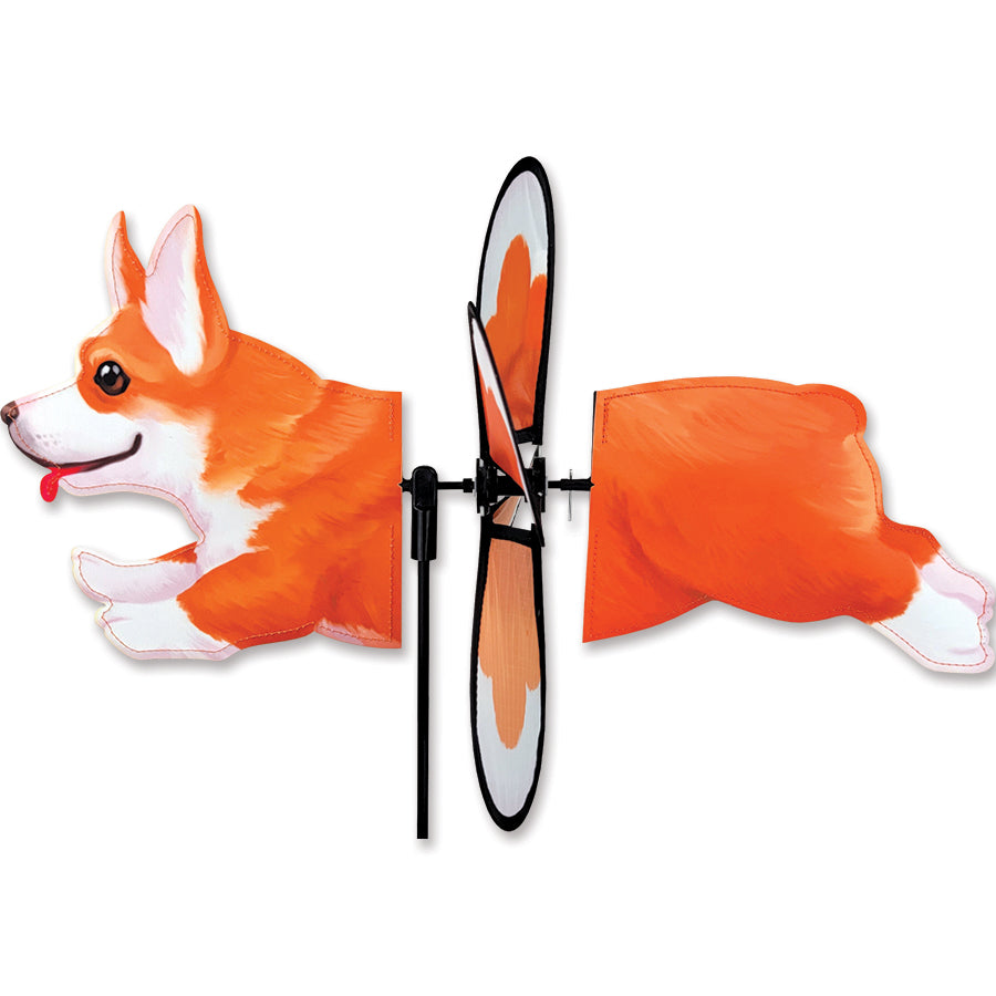 Petite Spinner featuring a colorful Corgi design, gracefully spinning in a garden setting with flowers in the background.