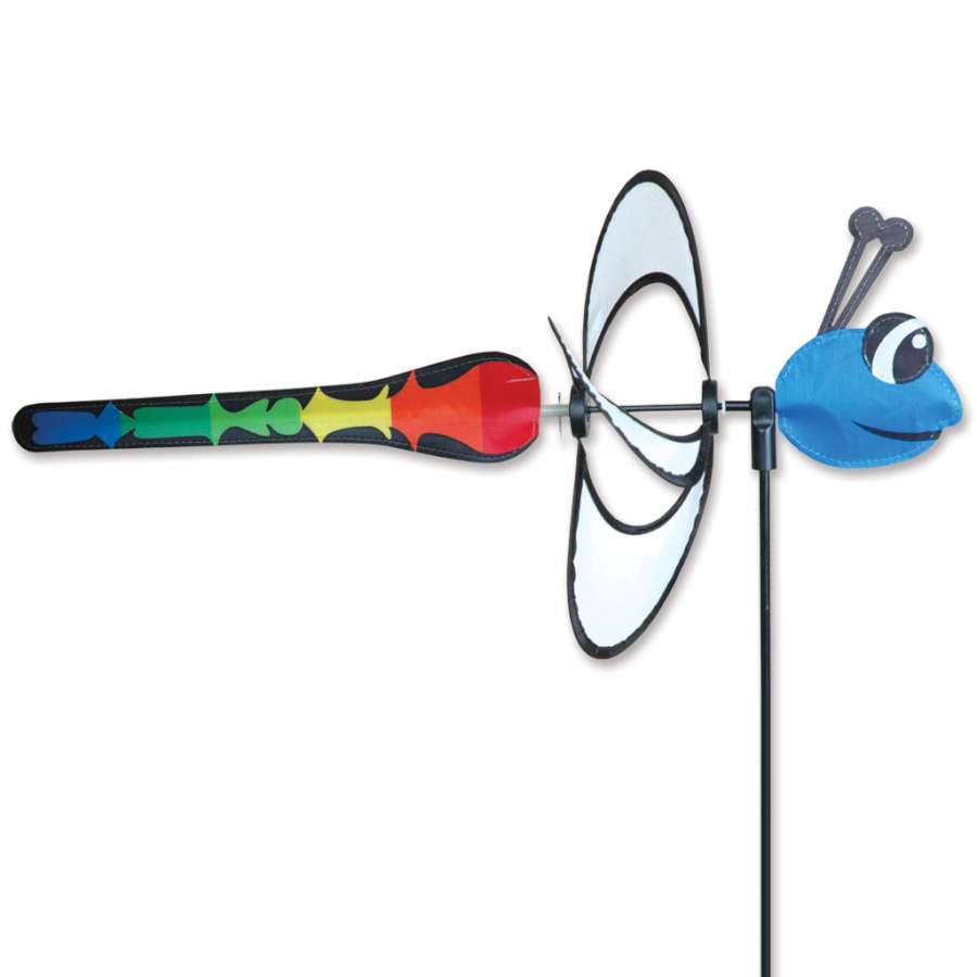 Petite Spinner - Dragonfly displaying colorful wings in a garden setting, gently twirling in the breeze, created from durable polyester fabric.
